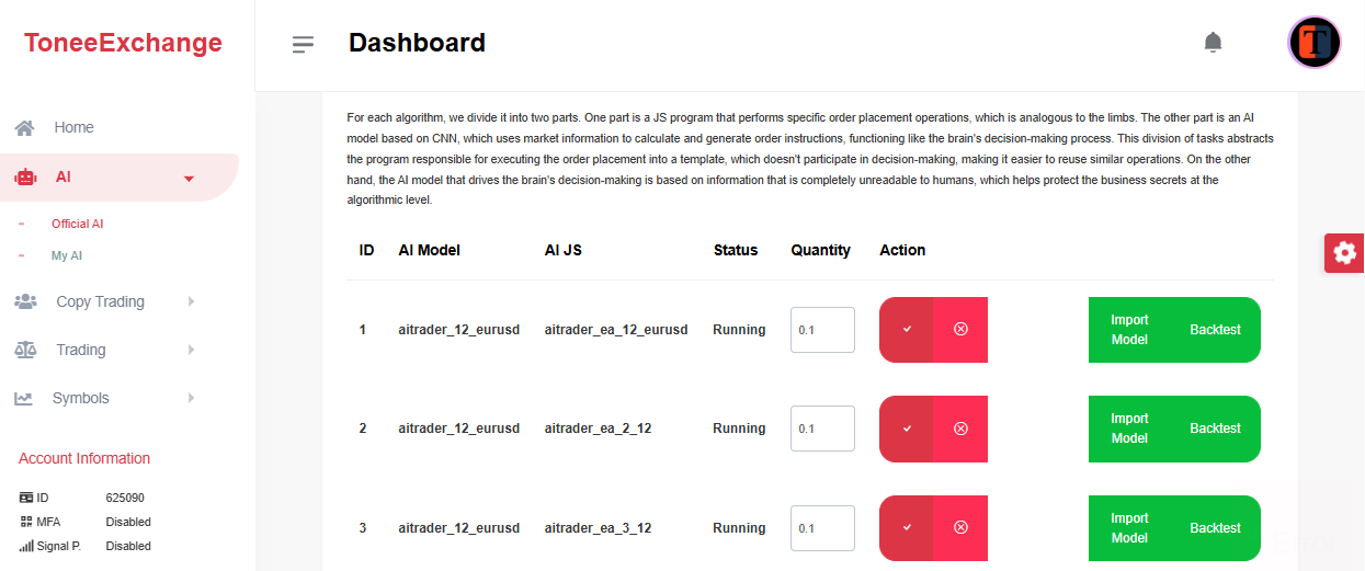 ToneeExchange AI Trader dashboard